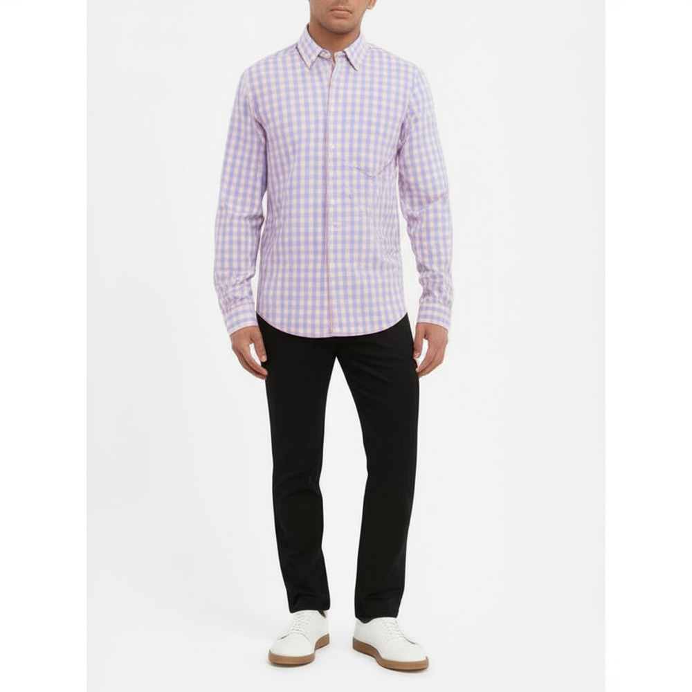 SONOMA Shirt Men's Size Medium Salmon Pink & Baby Blue Gingham Plaid Button Up